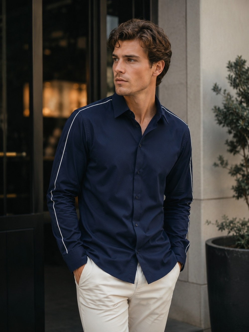 Murano Navy Dress Shirt with White Piping